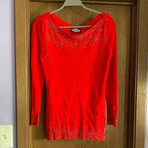 Red Long Sleeve Top with Rhinestones